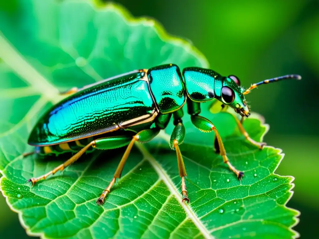 Un escarabajo verde esmeralda del barrenador del fresno se posa en una hoja en un bosque