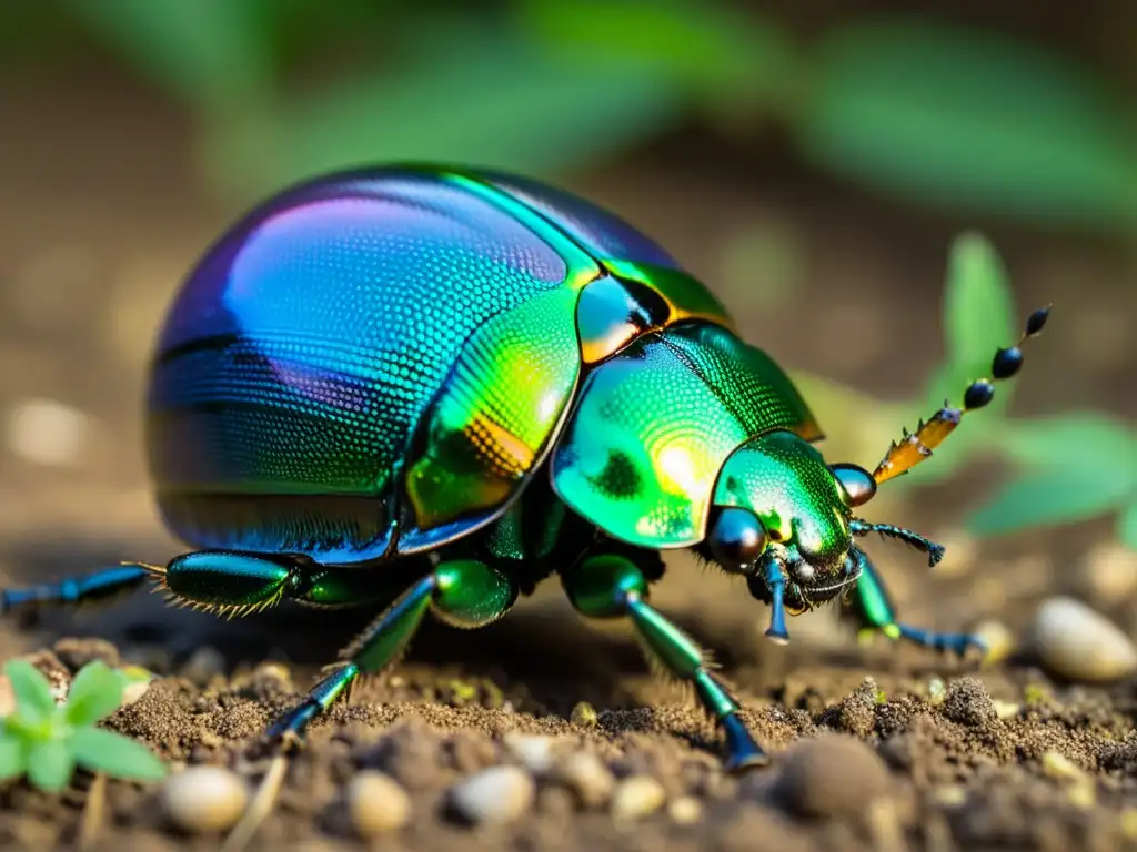 Un escarabajo verde brillante rueda una bola de estiércol en el suelo del bosque