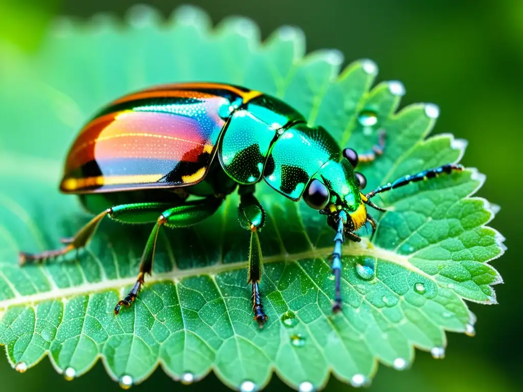 Un escarabajo verde brillante posado en una hoja, deslumbrante bajo la luz del sol