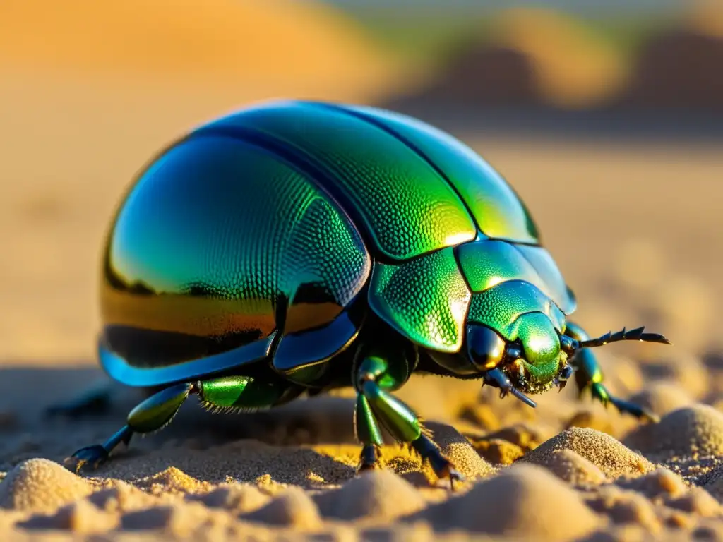 Un escarabajo verde rueda una esfera de estiércol en un paisaje desértico, destacando la importancia de los insectos en la economía circular