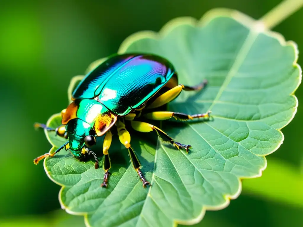 Un escarabajo verde iridiscente descansa en una hoja, su brillante caparazón y delicadas alas capturan la luz del sol