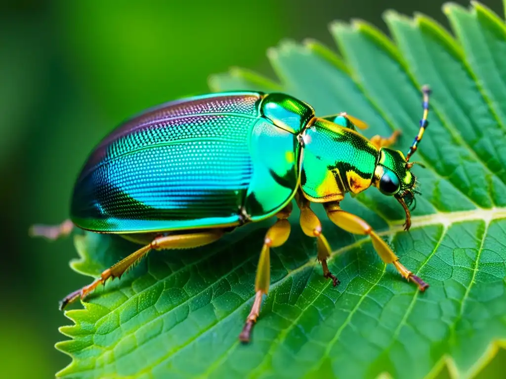 Un escarabajo verde iridiscente posado en una hoja, con detalles intrincados