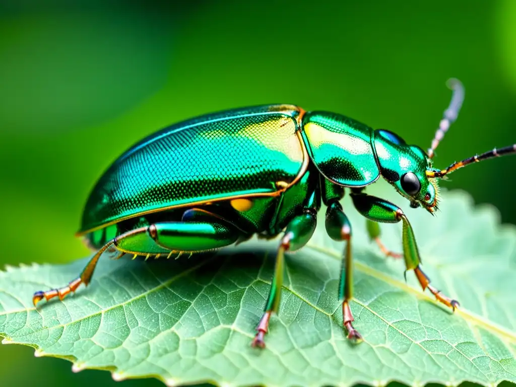 Fotografía de un escarabajo verde metálico en detalle, posado en una hoja