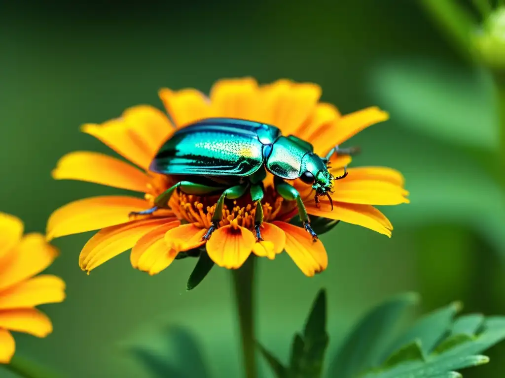 Un escarabajo verde metálico reposa en una flor de caléndula naranja