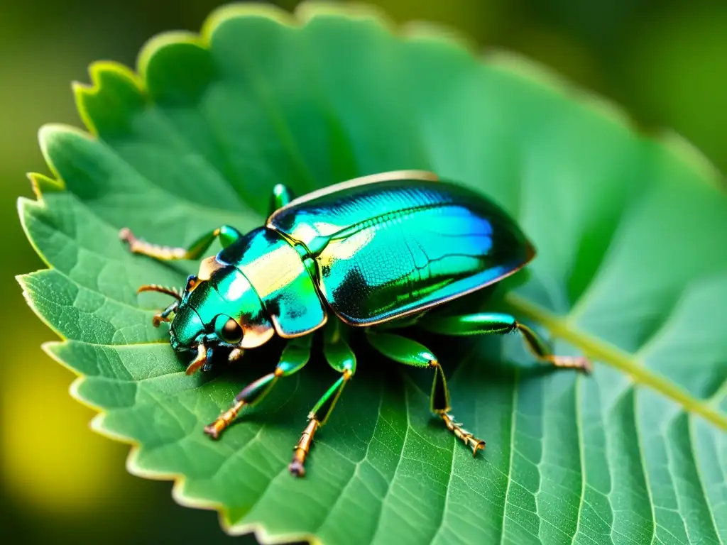 Un escarabajo verde metálico descansa en una hoja, con su exoesqueleto reflejando la luz del sol