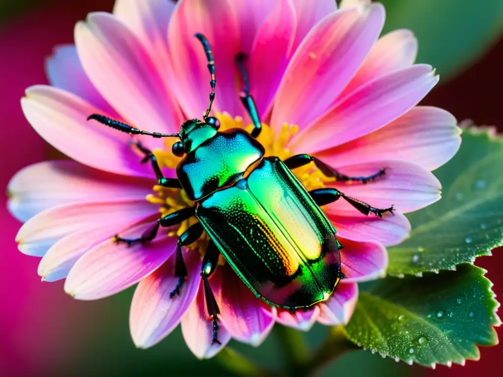 Un escarabajo verde metálico descansa en un pétalo rosa brillante