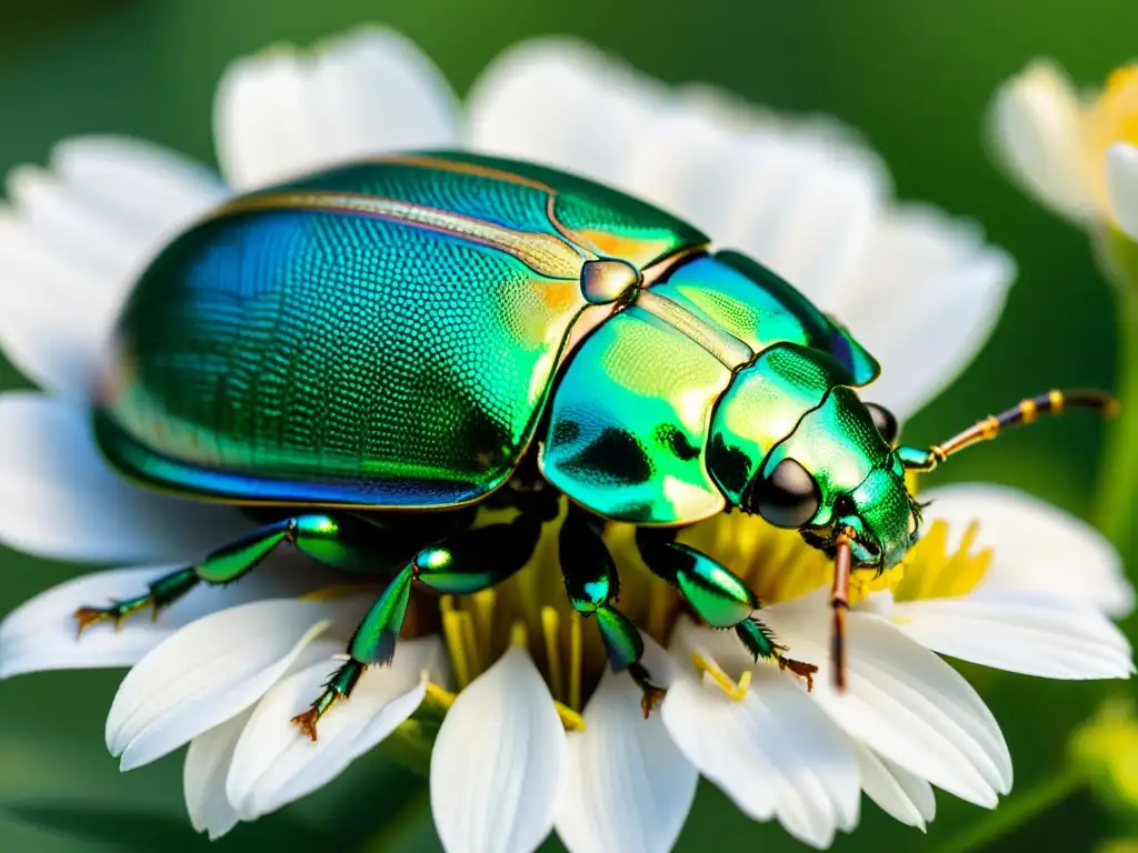 Un escarabajo verde metálico descansa sobre un pétalo intrincado, simbolismo insectos arte interpretaciones representaciones