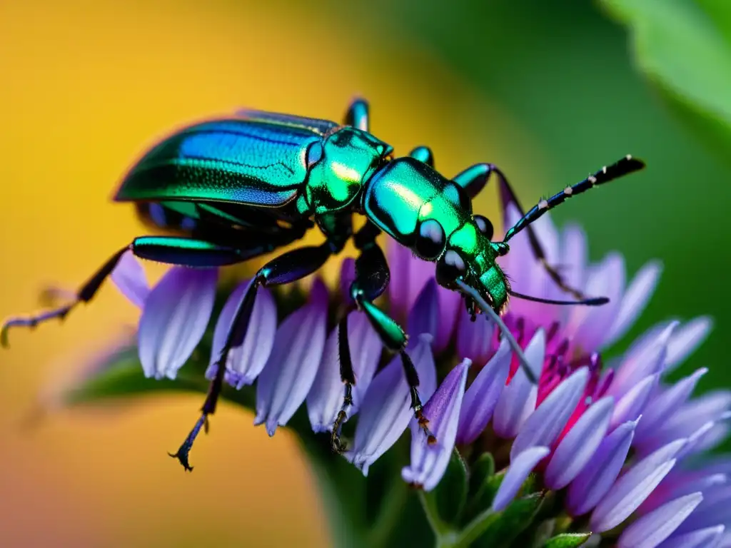 Un escarabajo verde metálico posado en una flor morada