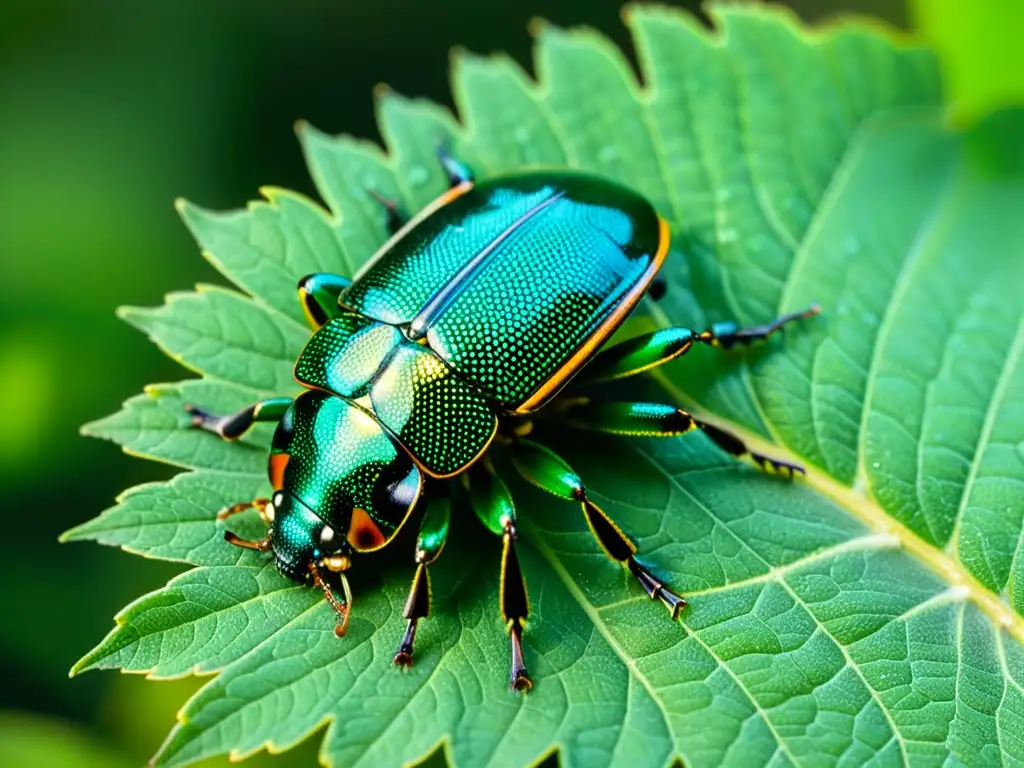 Un escarabajo verde y negro posado en una hoja, con alas y antenas delicadas