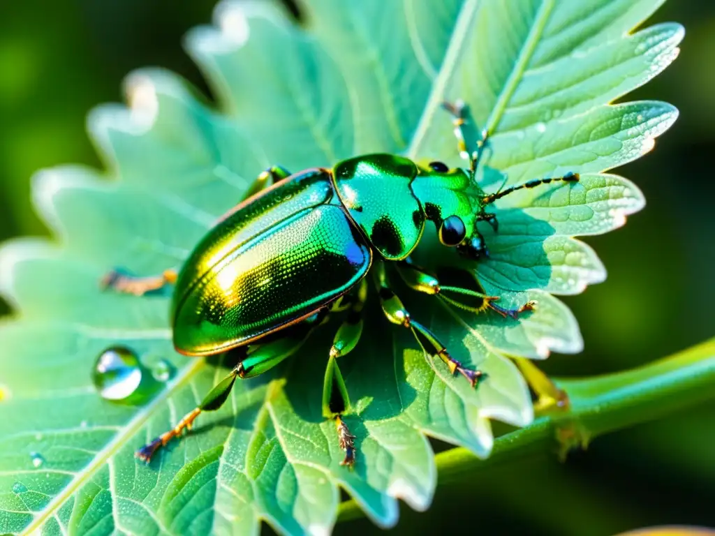 Un escarabajo verde vibrante descansa sobre una hoja, rodeado de gotas de agua y reflejos llamativos