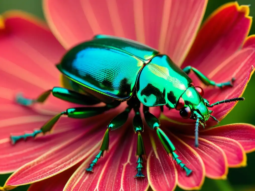 Un escarabajo verde vibrante posado en pétalos rojos, reflejando la luz con su exoesqueleto iridiscente