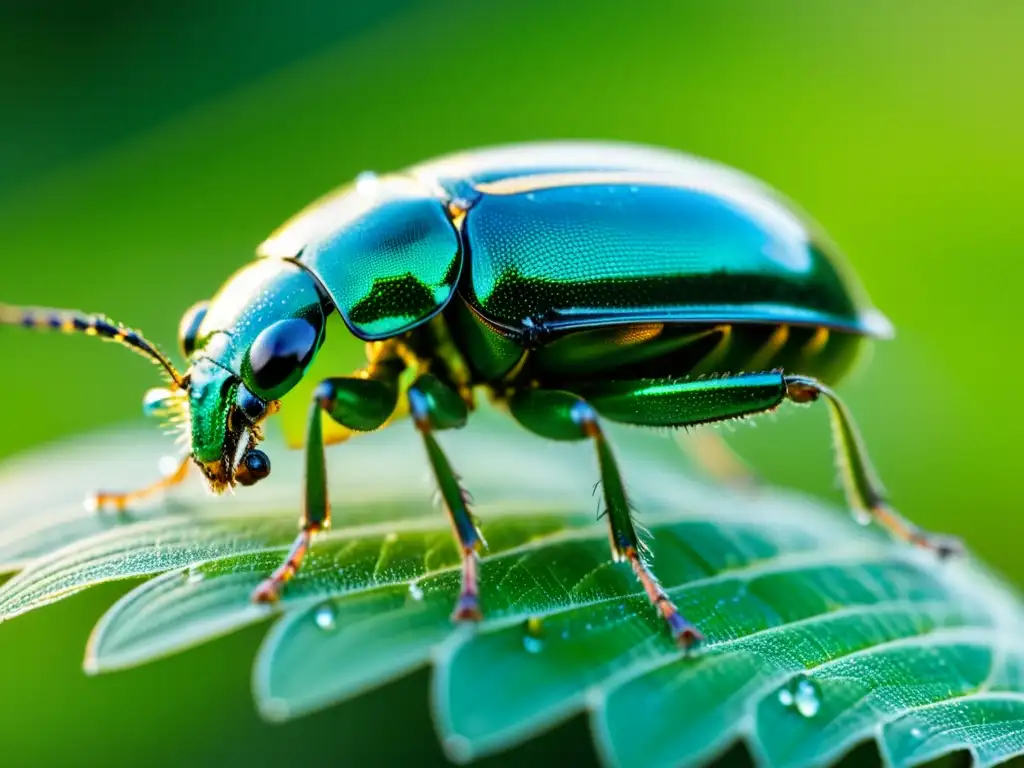 Un escarabajo verde vibrante posado en una tela de seda, con gotas de agua brillando al sol