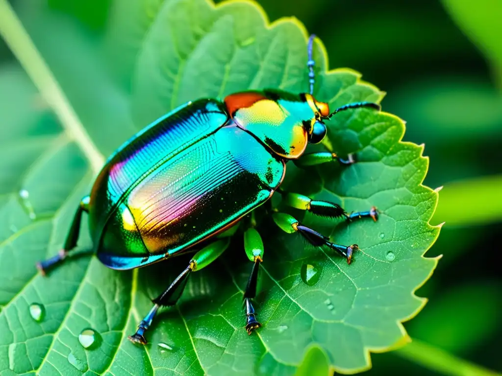 Un escarabajo vibrante reposa en una hoja verde exuberante, destacando su exoesqueleto iridiscente