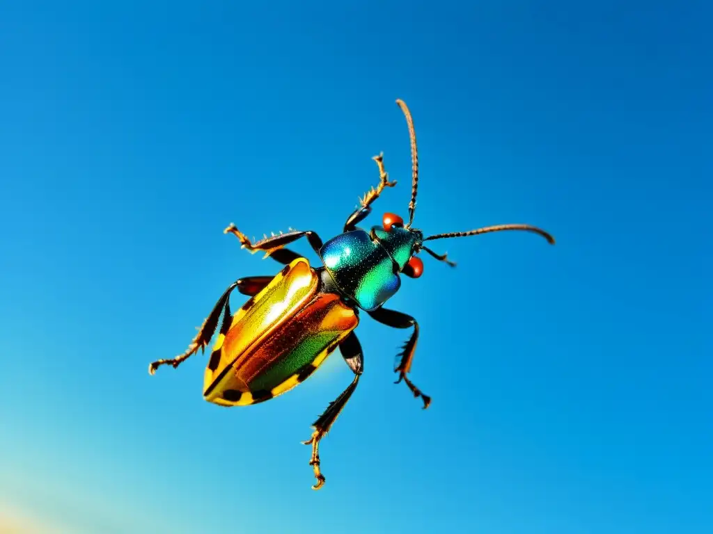 Un escarabajo en vuelo, con sus alas iridiscentes brillando al sol