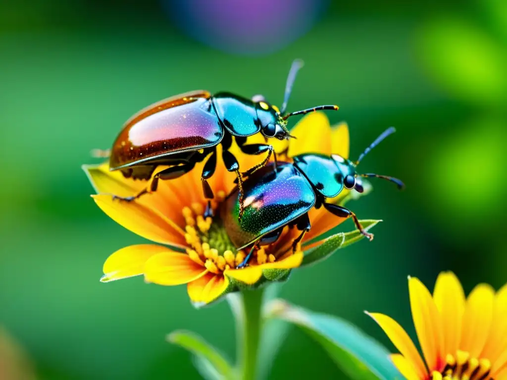 Dos escarabajos compiten ferozmente por un capullo de flor en un prado vibrante, mostrando la competencia entre insectos en ecosistemas