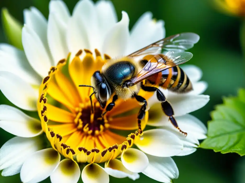 Una escena cautivadora muestra la importancia de los insectos polinizadores en la biodiversidad, con una abeja cubierta de polen en pleno vuelo hacia una flor vibrante y soleada, rodeada de detalles delicados y gotas de néctar