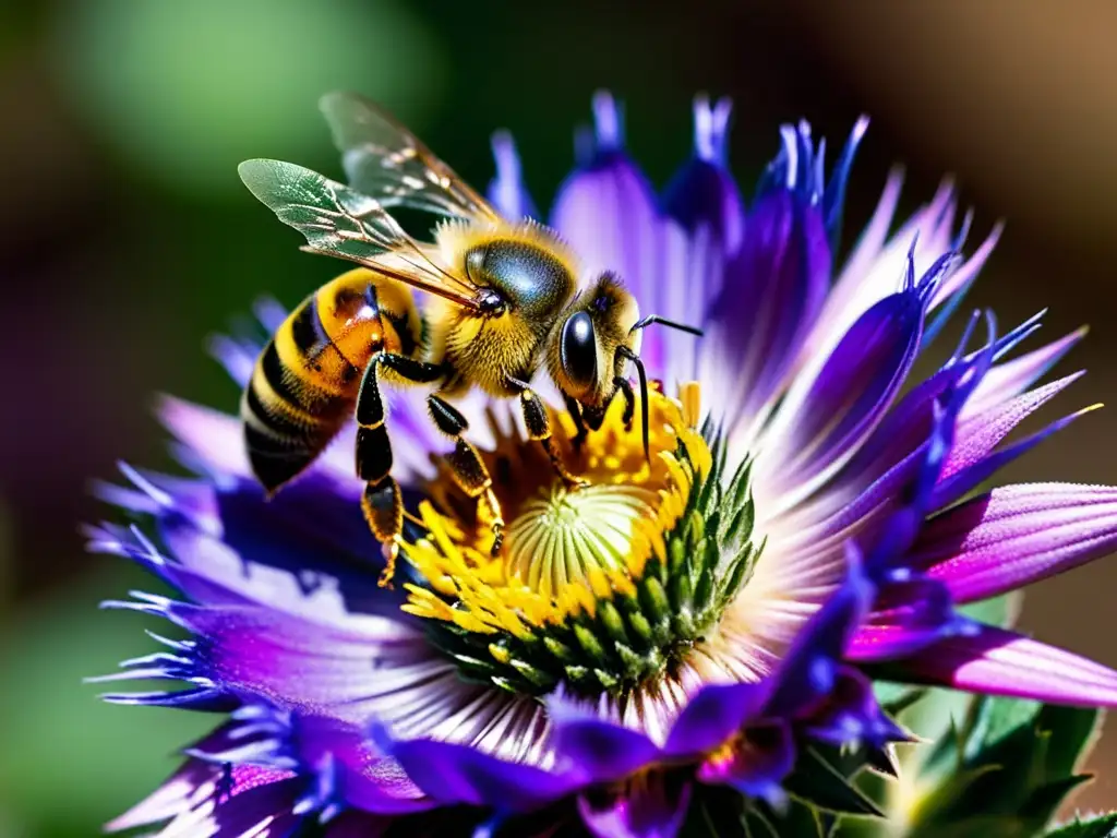 Una escena fascinante de una abeja recolectando polen de una flor de cardo púrpura