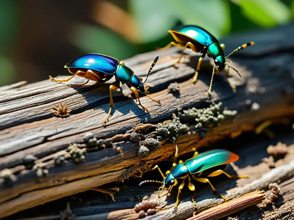 Una escena fascinante de insectos coloridos en descomposición, resaltando la importancia de los insectos en descomposición en el ecosistema del bosque