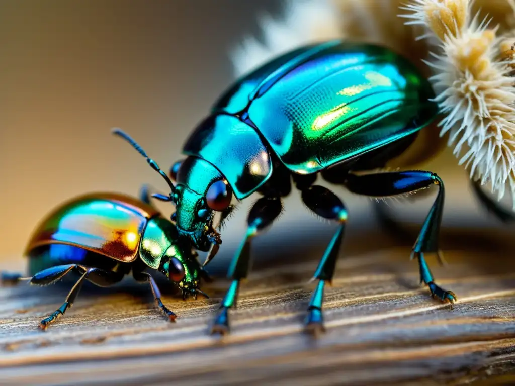 Una escena fascinante de relaciones de comensalismo entre insectos, con pequeños escarabajos iridiscentes en el pelaje de un mamífero