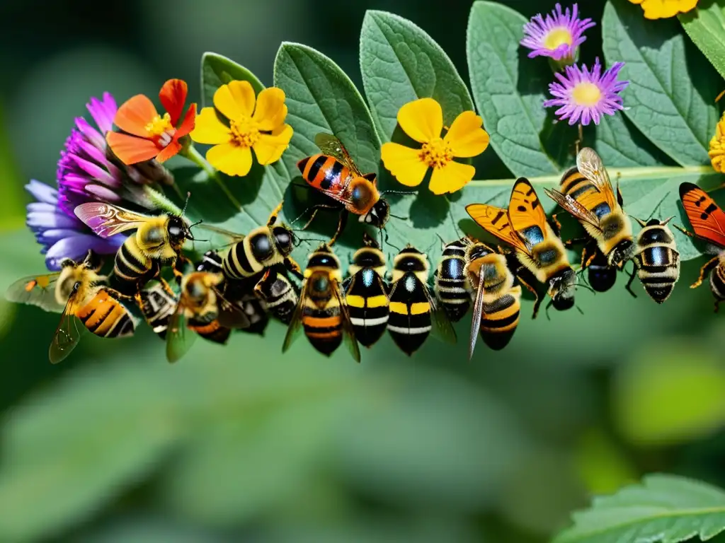 Una escena impactante de diversidad de insectos en un jardín, mostrando la interconexión de la biodiversidad