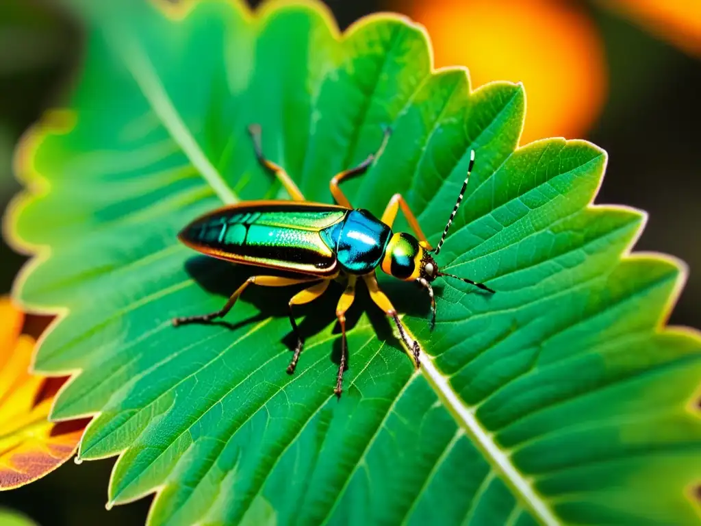 Una escena macro deslumbrante con insectos coloridos en hojas verdes, destacando los prebióticos naturales en suplementos de insectos