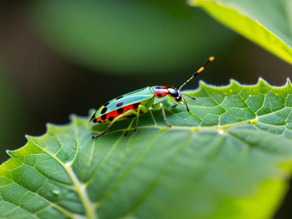 Una escena macro impresionante muestra un pacto de protección entre insectos y plantas, con pulgones y mariquitas en una hoja verde