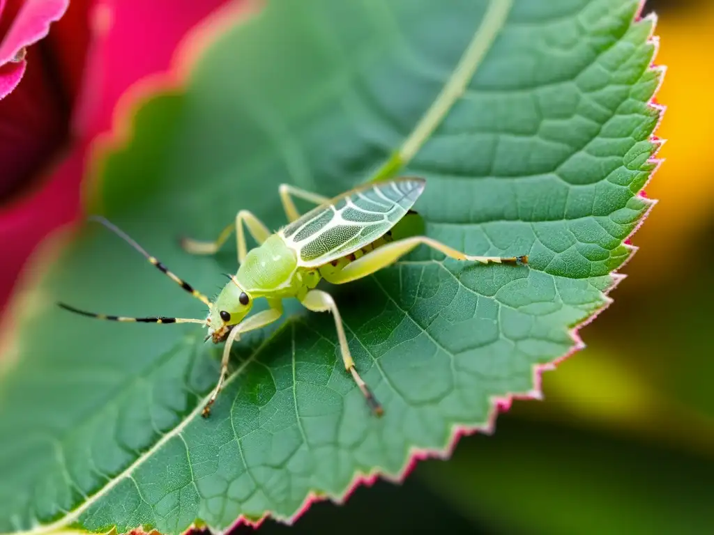 Una escena macro impresionante muestra un pulgón verde en una hoja de rosa