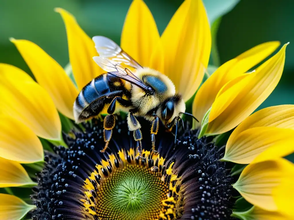 Una escena mágica: un detalle ultrarrealista de un abejorro cubierto de polen sobre un vibrante girasol