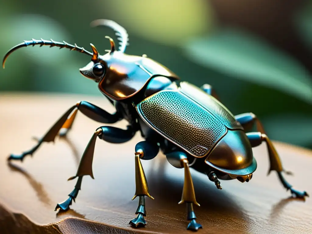 Una escultura en bronce de un escarabajo ciervo, detallada y realista, resalta la importancia de los insectos en ecología