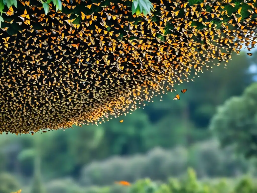 Espectacular migración de mariposas monarca, miles de ellas surcan el cielo con sus alas naranjas y negras sobre un paisaje verde