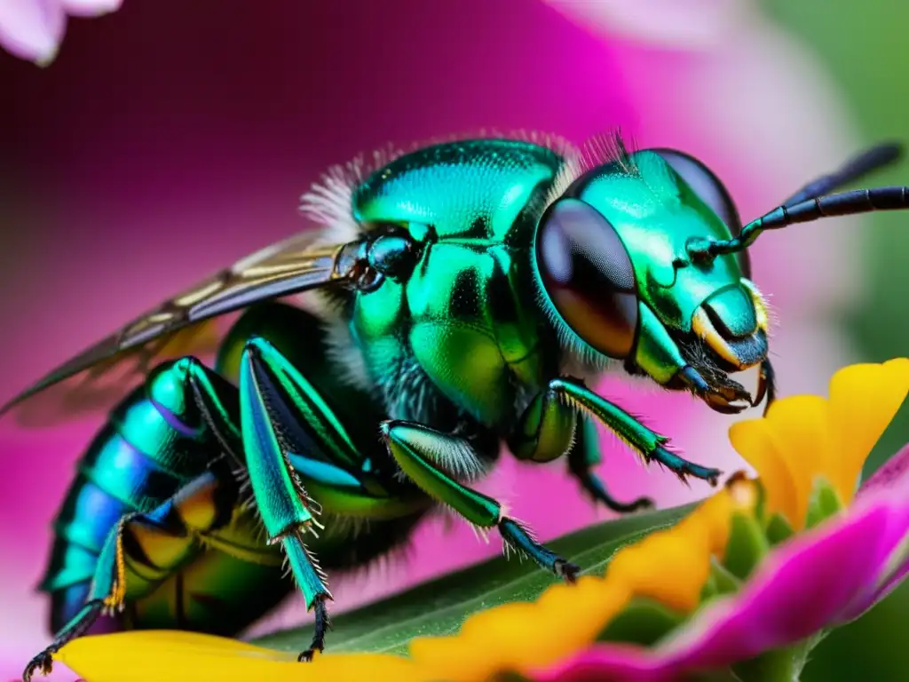 Una espléndida abeja orquídea metálica verde sobre una flor rosa, mostrando sus alas iridiscentes y detalles, iluminada por la suave luz del sol