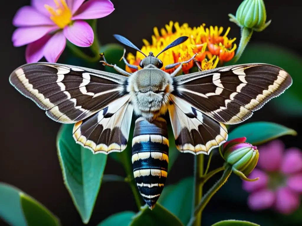 Un espléndido polinizador nocturno, una mariposa colibrí, liba néctar de una flor vibrante