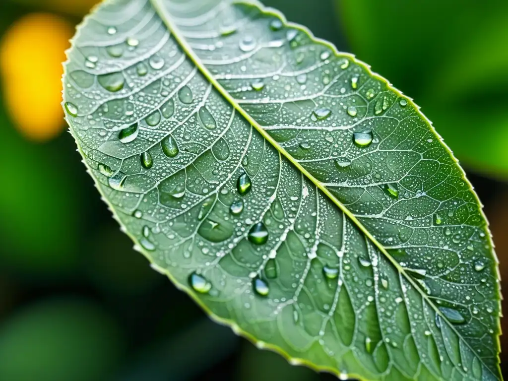 Estrategias insectos cambio climático: hoja verde con gotas de agua que reflejan la luz del sol y el entorno natural