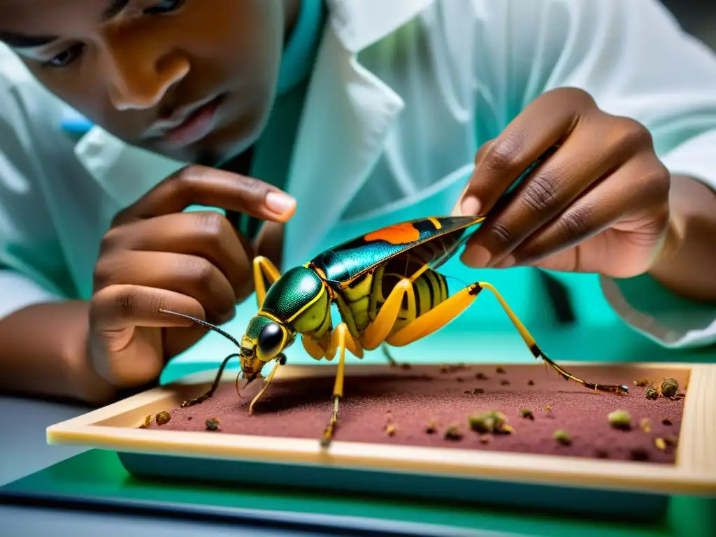 Un estudiante usando herramientas de precisión para diseccionar un detallado modelo anatómico de un insecto