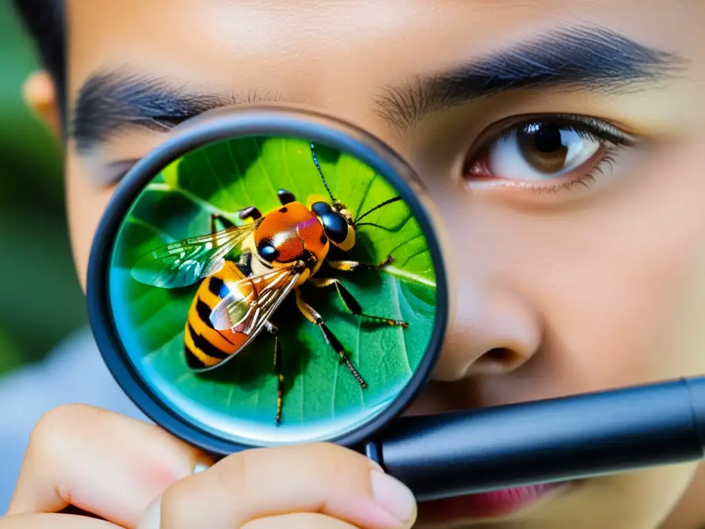 Un estudiante examina detalladamente un insecto a través de una lupa, inmerso en la exploración de la ciencia ciudadana