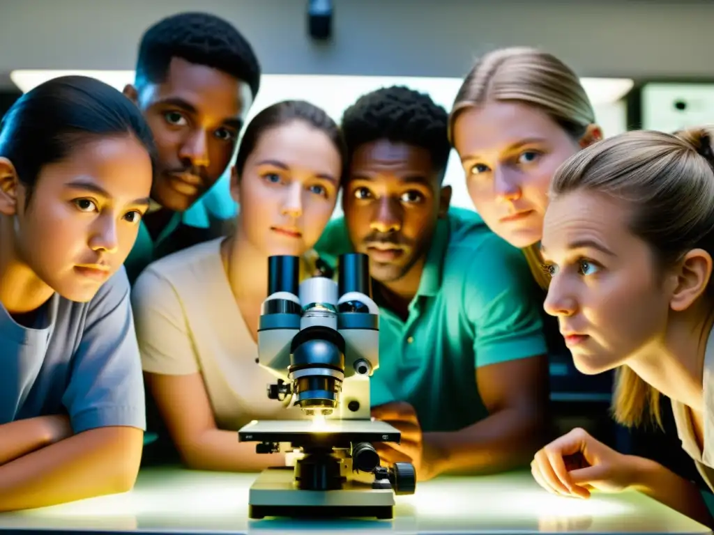 Estudiantes asombrados observando insecto bajo microscopio, resalta importancia de entomología en educación