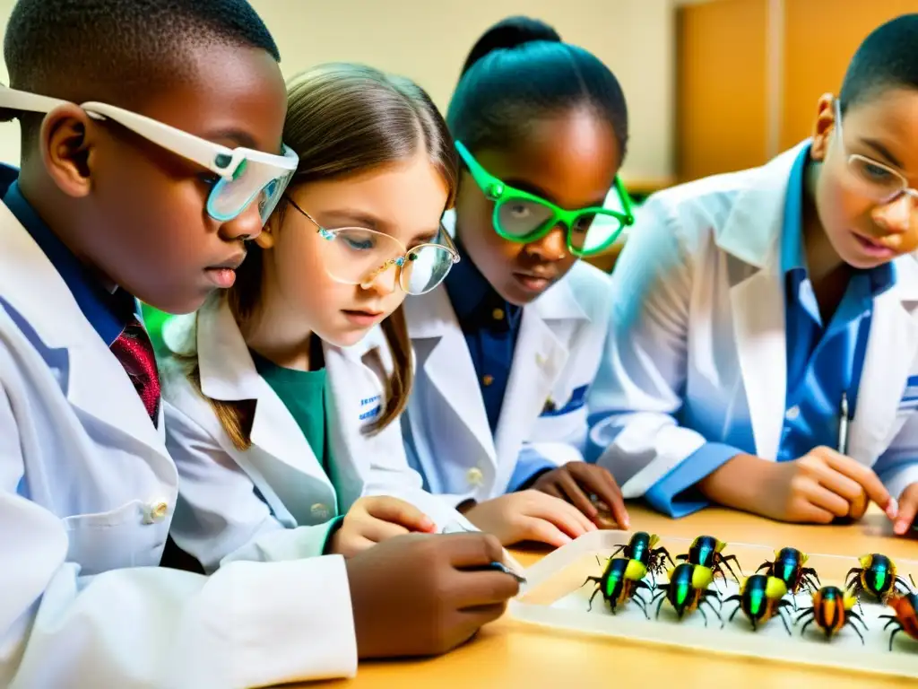 Estudiantes con bata blanca examinan insectos coloridos en clase, enseñanza de entomología en escuelas