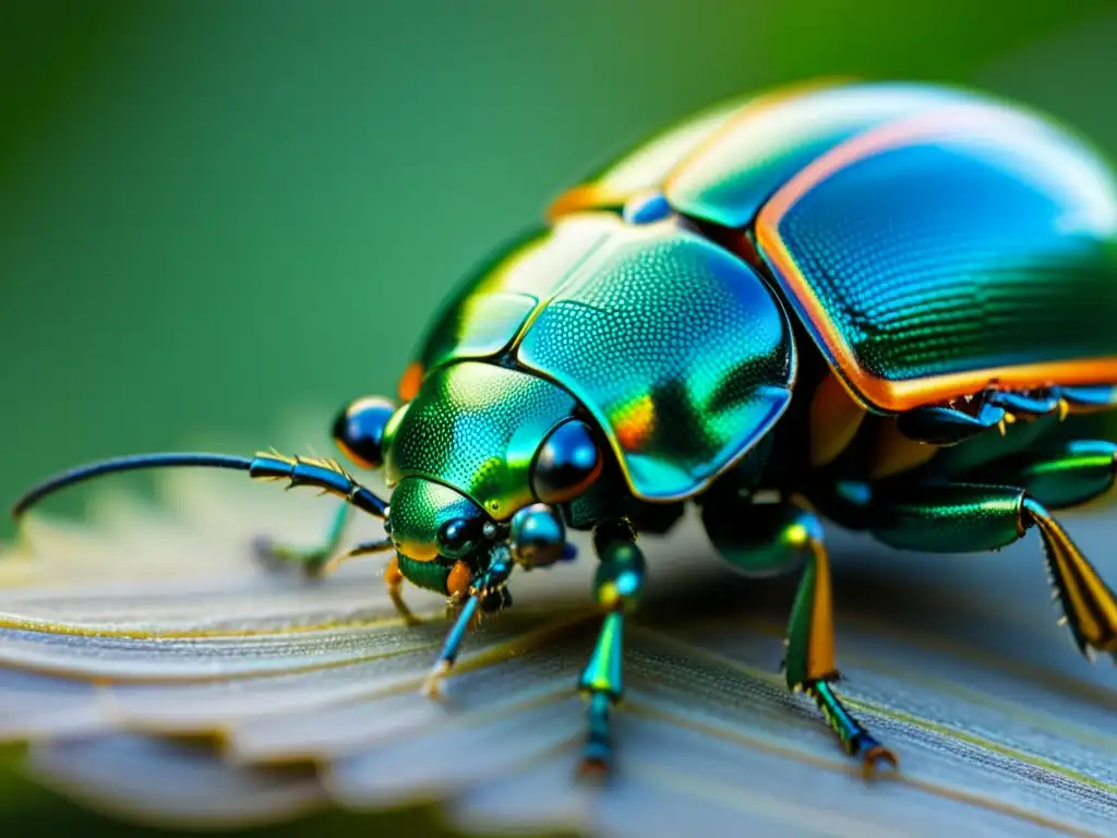 Fotografía macro del exoesqueleto de un escarabajo, destacando los patrones e iridiscencia