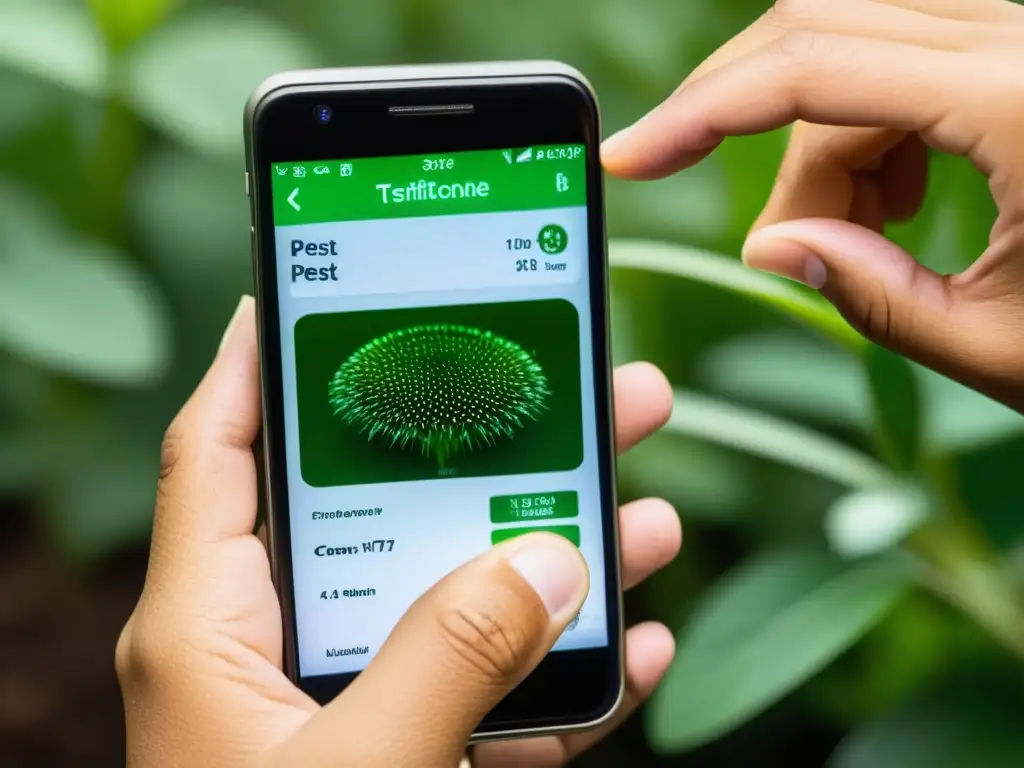 Un experto en control de plagas utiliza una aplicación móvil para identificar detalladamente una plaga en su smartphone