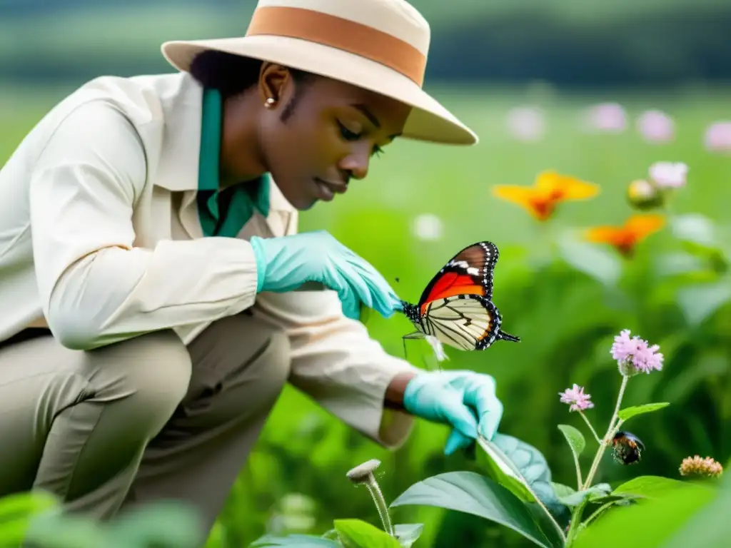 Experto en insectos con vestimenta para observación de insectos, examina una mariposa colorida en un campo exuberante