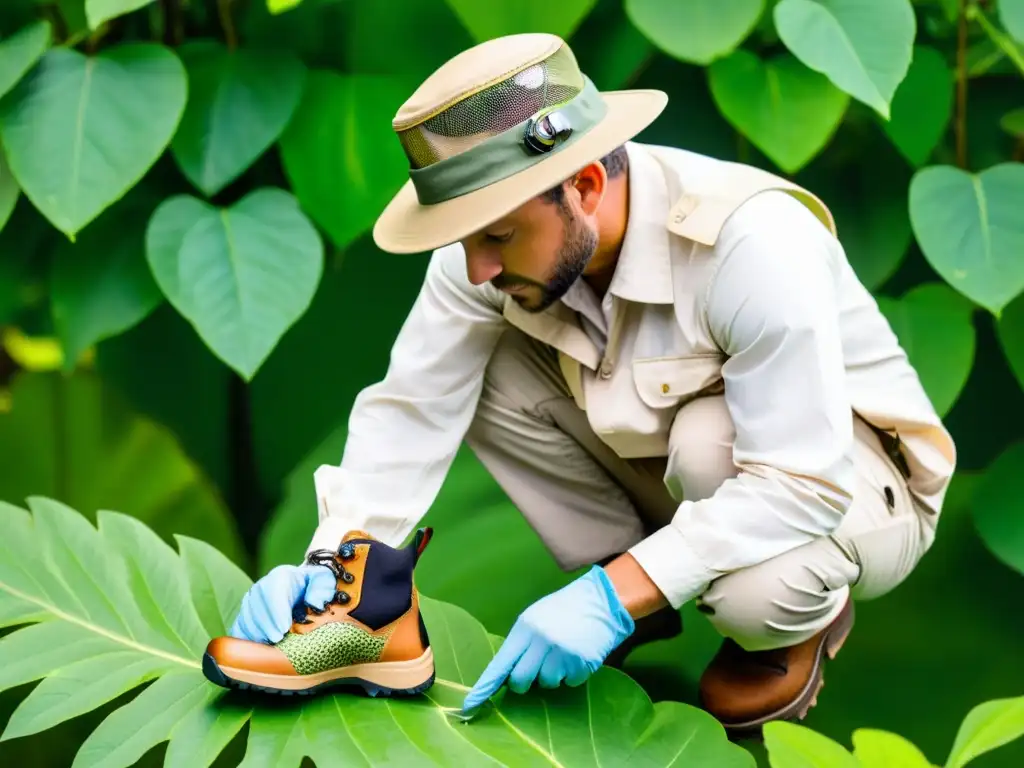 Un explorador con vestimenta para observación de insectos inspecciona detenidamente un insecto vibrante posado en una hoja