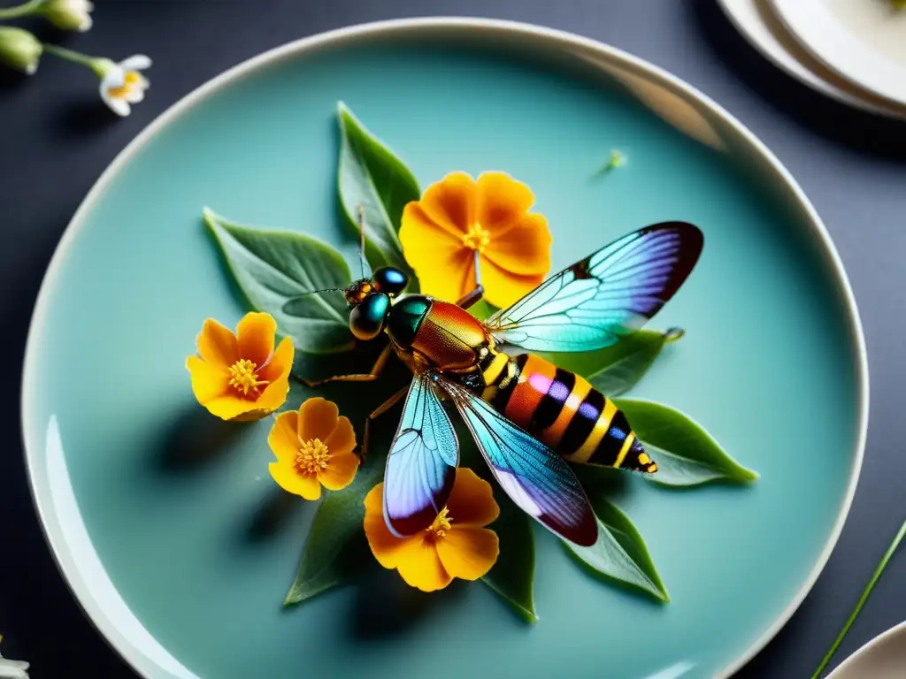 Una exquisita cocina gourmet con insectos exóticos y flores comestibles, presentada de forma espectacular y tentadora