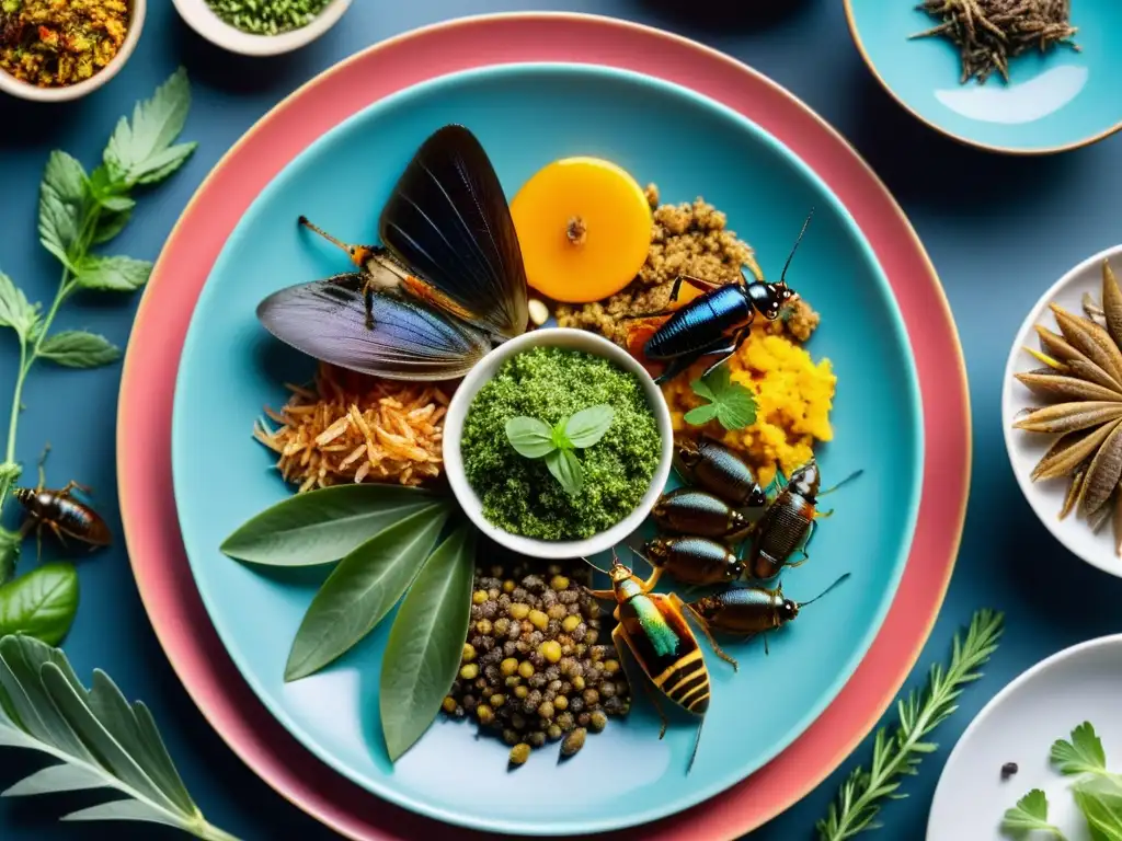 Una exquisita y colorida variedad de platillos con insectos comestibles, resaltando la incorporación cultural de insectos en dieta