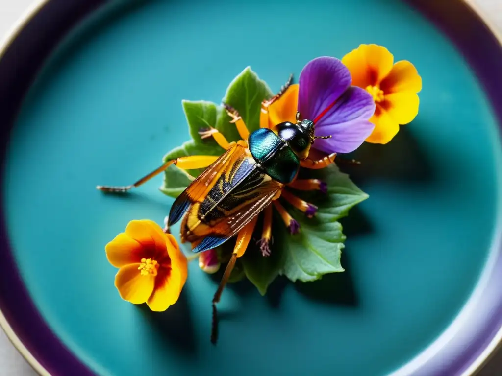 Una exquisita y detallada imagen de un plato gourmet con flores comestibles y alimentos, resaltando los beneficios nutricionales de los insectos en la alta cocina