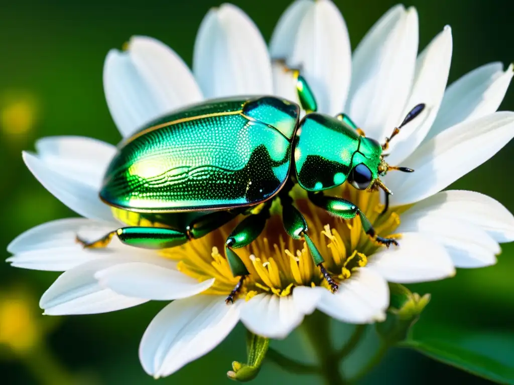 Exquisita imagen de un escarabajo metálico verde sobre una delicada flor, detallando la belleza de la naturaleza