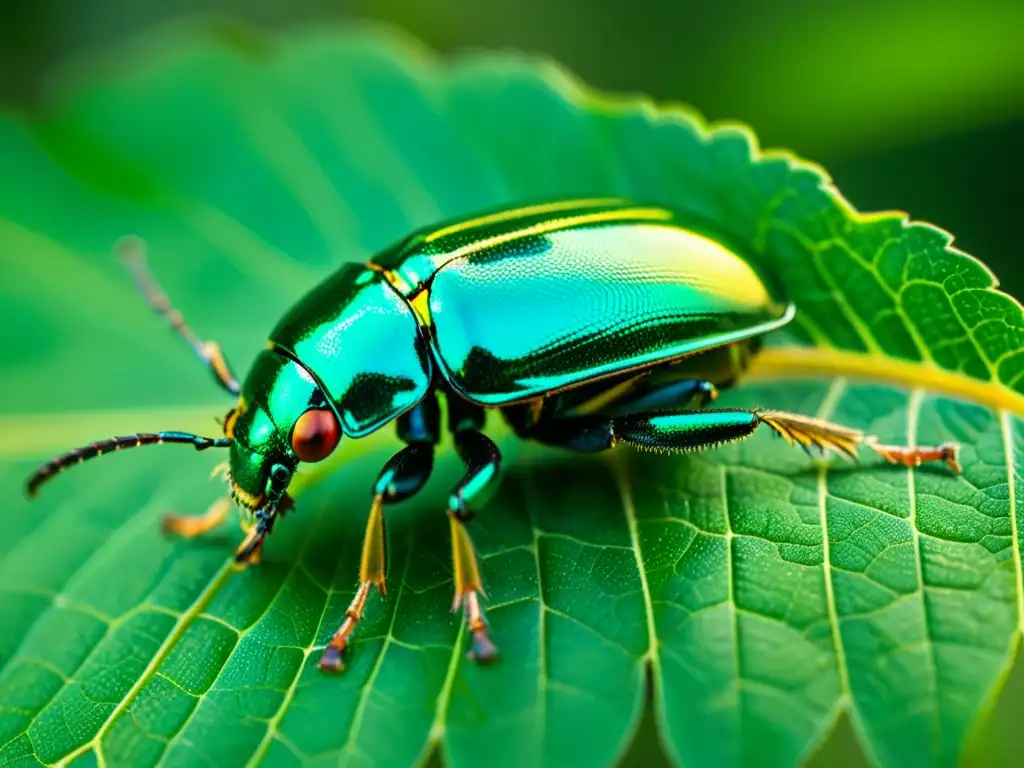 Exquisita imagen macro de un escarabajo verde metálico sobre una hoja