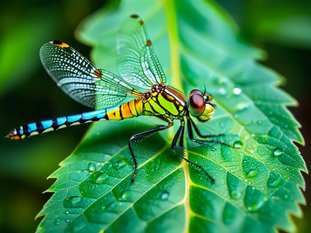 Una exquisita libélula iridiscente descansa en una hoja verde, destacando el impacto del cambio climático en insectos en su hábitat natural