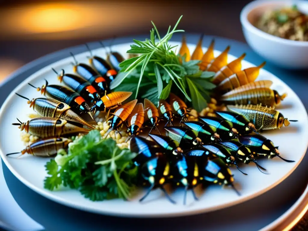 Una exquisita presentación de insectos comestibles, resaltando la belleza y potencial culinario de la entomofagia