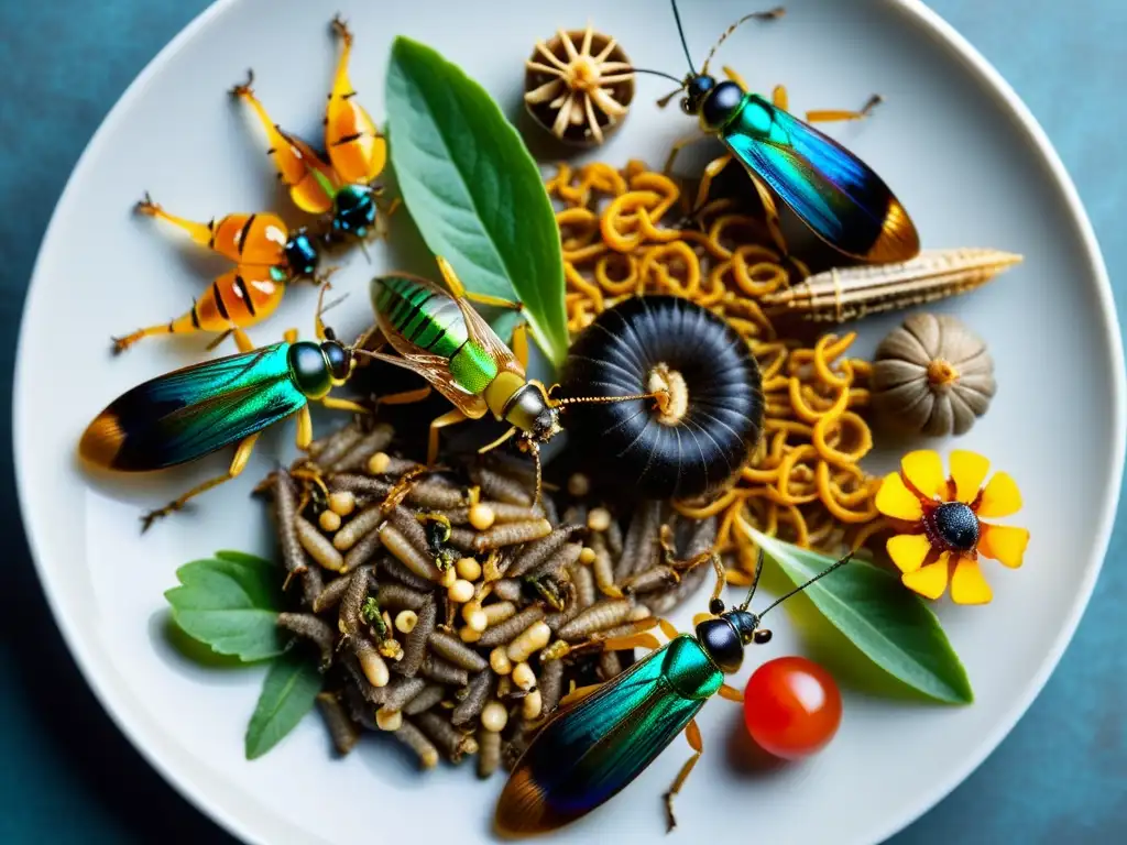 Una exquisita presentación de platos gourmet con insectos comestibles, resaltando la belleza y potencial culinario de la entomofagia