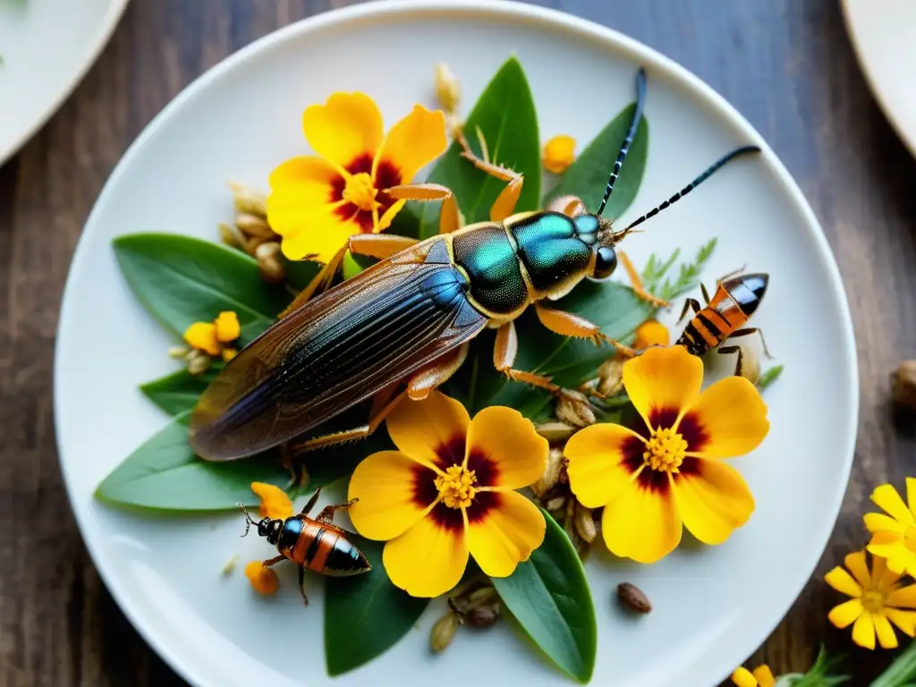 Exquisito plato gourmet con flores comestibles y insectos, resaltando la entomofagia